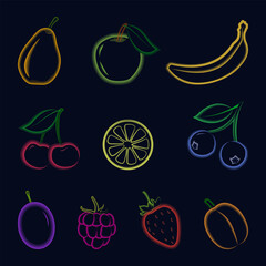 Fruits and berries in neon colors. Apple, banana, pear, apricot, peach, cherry, strawberry. Vector illustration.