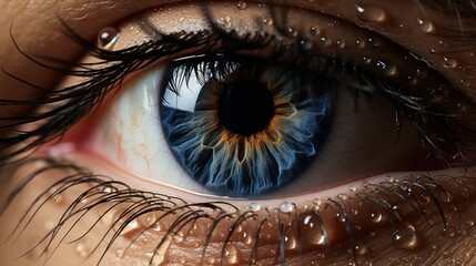 A pupil within a blue iris of a beautiful womans crying eye