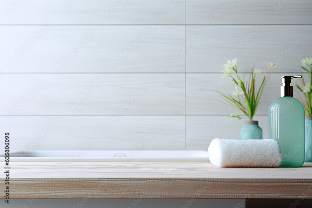 Aufkleber blurred bathroom background with empty tabletop for product display.