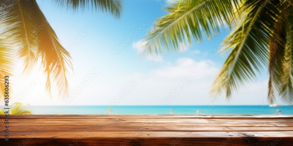 Wall mural Empty wood table with tropical sea with palm leaves, Background with copy space for product display, Summer vacation, generative ai - Wall murals
