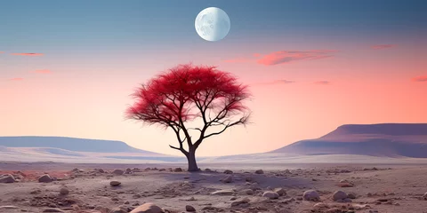Zelfklevend Fotobehang Beautiful landscapes with a solitary red tree and blue sky and moon © ZDesign
