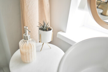 Eco friendly. Bottle of soap with dispenser places near assorted hygienic supplies on shelf in bathroom