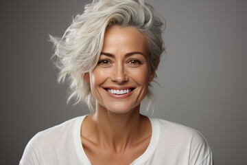 Beautiful senior woman portrait mid 50s laugh and looking at camera , Female models beauty face care , Cosmetology , beauty and spa , Created with Generative Ai Technology