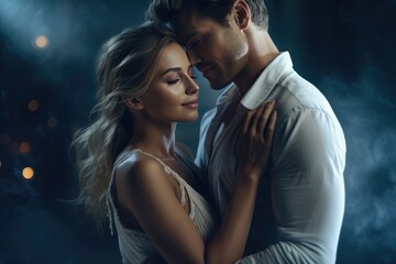 A couple embracing and kissing in a dark room. A fictional character Created By Generated AI.