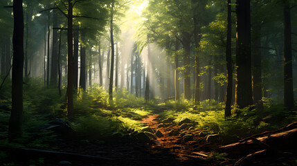 A tranquil forest clearing with sunlight filtering through, background