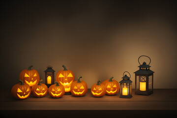 Halloween pumpkins jack lantern on old wooden table
