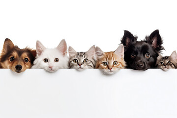 A row of cute cats and dogs peeking behind a white blank poster on a white background. Advertising banner mockup for pet shop or veterinary clinic. - obrazy, fototapety, plakaty
