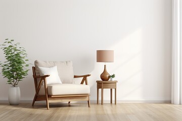 a modern home living room with a wooden coffee table, floor lamp, armchair, and white wall with copy space.
