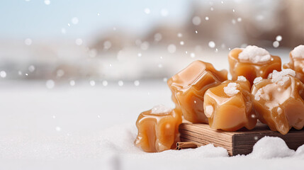 Caramel candy cubes on snow with empty space for product placement or advertising text on white background.
