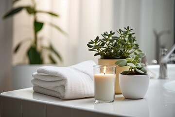 a white table top decorated with candle holders, towel, and potted plant, with a blurry bathroom background.