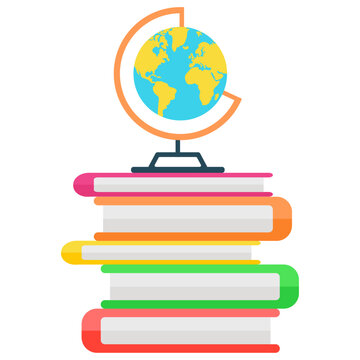 School globe on stack of books icon. Vector flat illustration