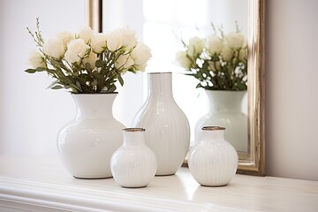 White home interior decorated with vases and mirror, looking beautiful.