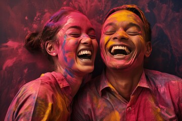 Colorful couple laughing and having fun with paint splattered on their faces. A fictional character Created By Generated AI.