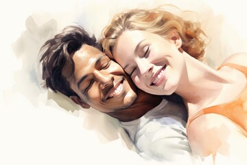 A happy couple cuddling and smiling while lying in bed. A fictional character Created By Generated AI.