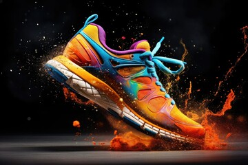 Bright multi-colored running shoes on a black background with a splash of orange paint. Sport shoes advertising banner concept. - Powered by Adobe