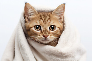 Portrait of a cute tabby kitten wrapped in a beige towel on a white background.