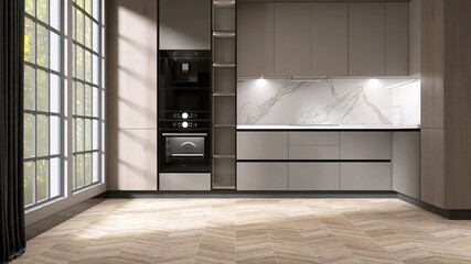 Empty elegant, luxury kitchen room, beige counter, cabinet, cupboard, parquet floor, in sunlight from large square window grill to garden, blackout curtain for interior design decoration background 3D
