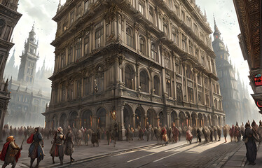 Obraz premium Medieval city with people in the square, Generative AI