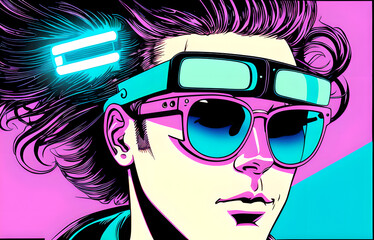 Man wearing retrowave sunglasses brutal and stylish cyberpunk style illustration,Generative AI