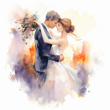 Acuarela colorida  de una pareja de novios recien casados con vestido blanco y traje azul oscuro,  con ramo de flores de novia sobre fondo de colores purpuras , naranjas y blanco 