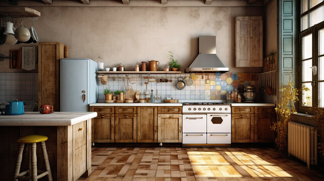 cocina de madera de estilo r&uacute;stico, con muebles y electrodom&eacute;sticos cl&aacute;sicos, ilustracion de ia generativa