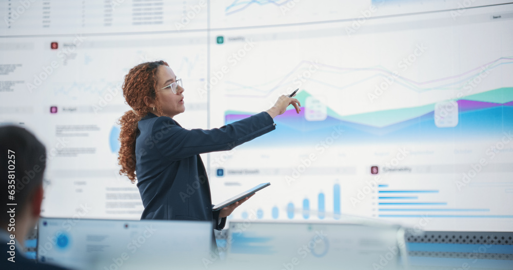 Poster Hispanic Female Senior Data Scientist Reviewing Reports Of Risk Management Department On Big Digital Screen In Monitoring Room. Diverse Consulting Company Employees Working Behind Desktop Computers.