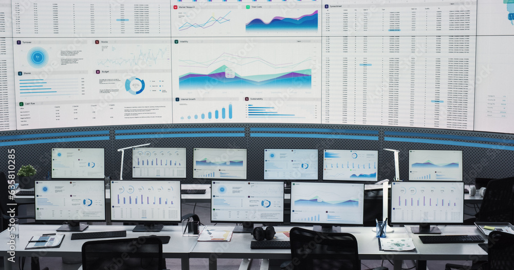 Poster Empty Modern Monitoring Office With Big Digital Screen And Working Places of Employees With Desktop Computers and Monitors. Graphs And Charts Showing Financial Data And Reports Of Consulting Company.