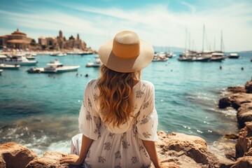 Woman tourist enjoying the sea. trip and journey concept. Generative AI