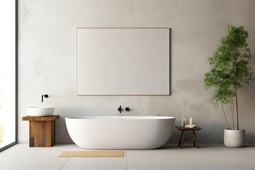 an eco minimalist style bathroom with a white bathtub, marble sink, vertical mirror, concrete floor, and walls. No people.