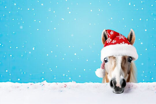 A cute horse or pony in a red santa claus hat peeks behind a blank white poster on a snowy blue background. Christmas promotional banner mockup for pet shop or veterinary clinic.