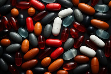 Diverse pills arrayed on red, allowing text Patterns and pill identification featured Generative AI - obrazy, fototapety, plakaty