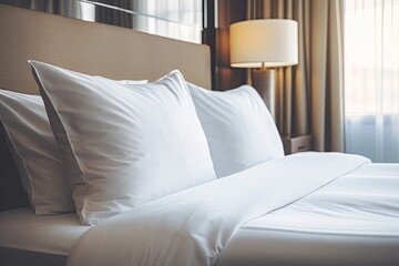 White pillows on a empty bed in a hotel room. - obrazy, fototapety, plakaty