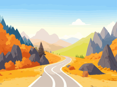 Landscape of mountain empty road in autumn with stones, pines, bushes, orange, trees and mountains. Flat colorful vector illustration	