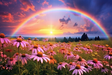 field of echinacea flower at sunset with a rainbow in the sky