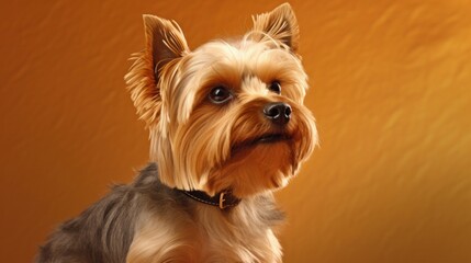 Fototapeta premium Yorkshire Terrier on a yellow background. Close-up.