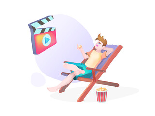 The boy sits relaxed on a summer chair. The concept of watching a movie. Rest break. Chilling time. Vector illustration for your business