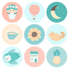A set of cute icons for social networks in soft pink, pale green and beige colours.