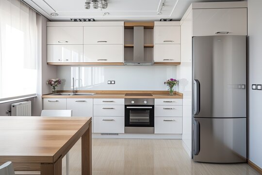 Contemporary white kitchen with oven and fridge.