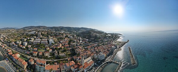 360 degrees panorama  of Santo Stefano al Mare in the summer. 360 degrees panorama. Ligurian coast with the sea.
