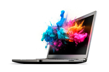 Laptop with color splash on white background