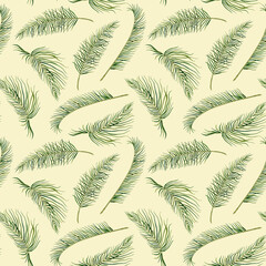 Pastel yellow tropical leaves watercolor seamless pattern with exotic plants. Hand drawn palm branches floral illustration for printing, fabric, wrapping paper and textiles