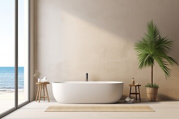 a hotel bathroom with a bathtub, sink, towel rail ladder, podium, and beige concrete floor. Panoramic window showcasing the tropics. Empty wall with mockup copy space.