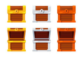 Open mystery wooden luxury chest. Gold Silver Bronze Treasure on white background. Random a secret loot box concept. Vector illustration cartoon flat design.	