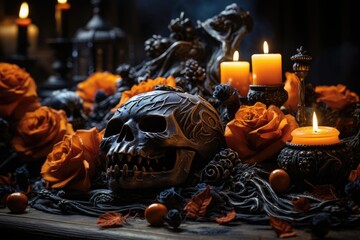 Obraz premium Halloween still life with skull, candles and orange roses on dark background