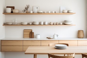 Simplicity and comfort in a Scandinavian style home with light tones and white accents, showcasing dishes on shelves.