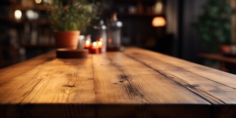 Empty Beautiful wood table top and blur bokeh modern kitchen interior background in clean and bright, Ready for product montage, generative ai