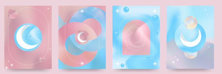 Set of Blue and Pink pastel gradient backgrounds. Moons and geometric lines in liquid gradients, flowing style. Holographic shapes. Vector Abstract art.
