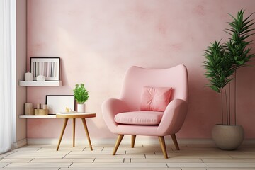a modern and cozy living room background with a pink chair.