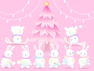 Happy baby Christmas poster with cute cartoon animals kawaii style on pink background pink Christmas tree rabbit show snowman 