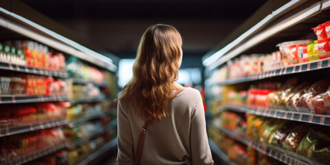 Rear reiw young woman shopping in a supermarket, Customer in supermarket, generative ai